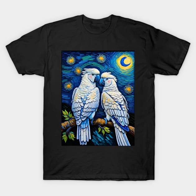 White Cockatoo in starry night T-Shirt by FUN GOGH